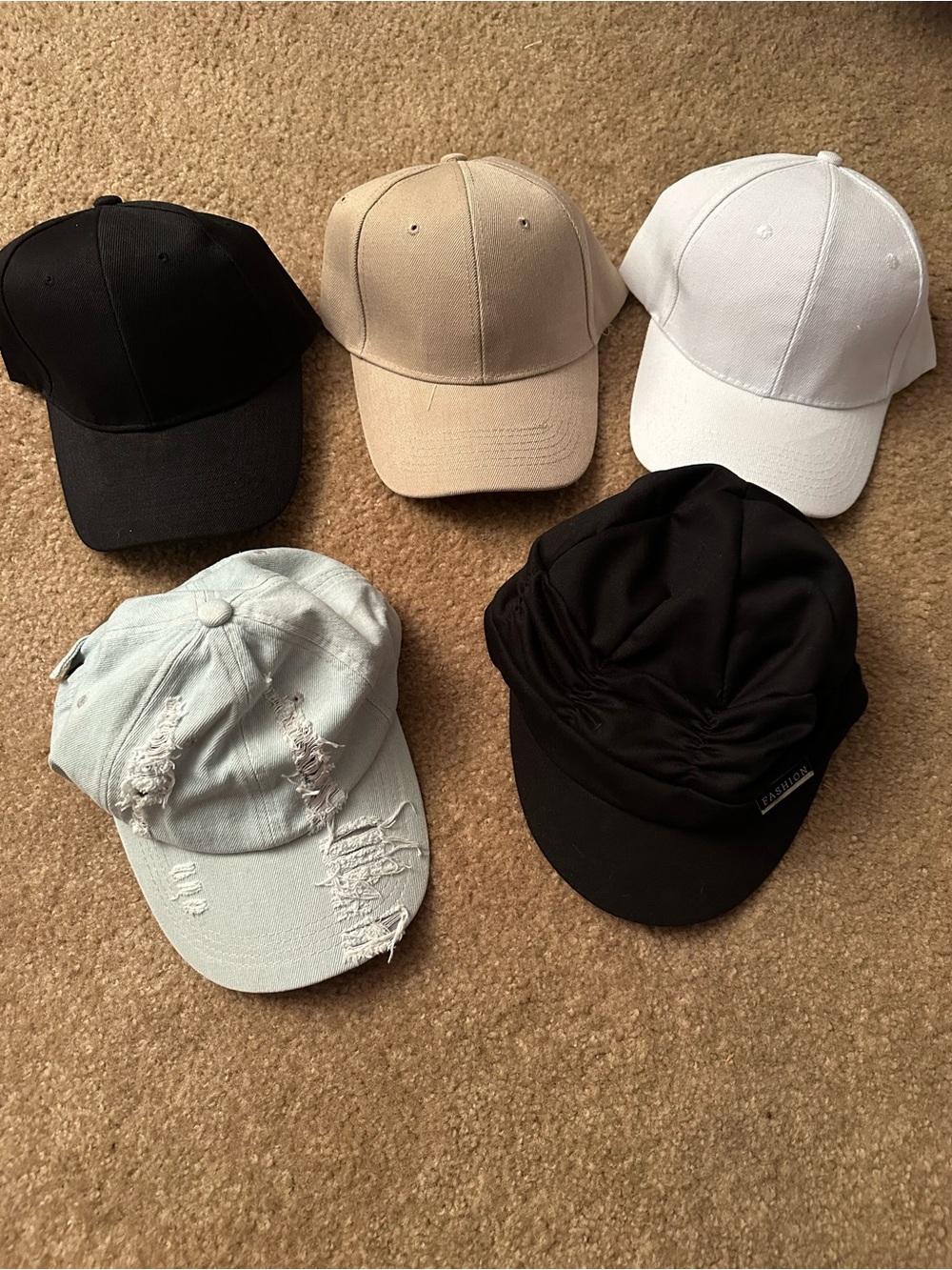 Five Casual Baseball Caps - Black, Beige, White, Light Blue, Black
